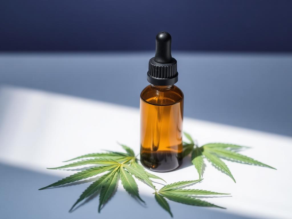 Hemp leaves beside a CBD oil dropper bottle